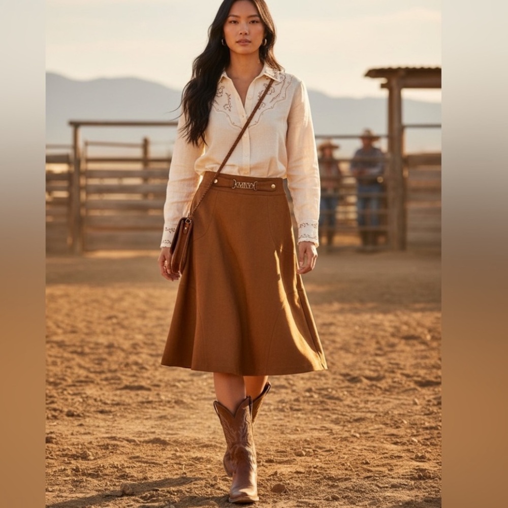 MNY Cognac Suede Skirt Minimalist Equestrian Western Old Money - Picture 2 of 13